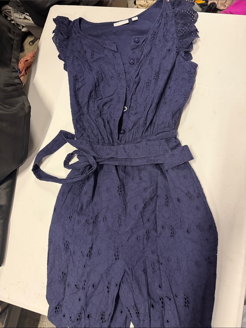 New York & Company Navy Eyelet Midi Dress with Self Tie Belt
